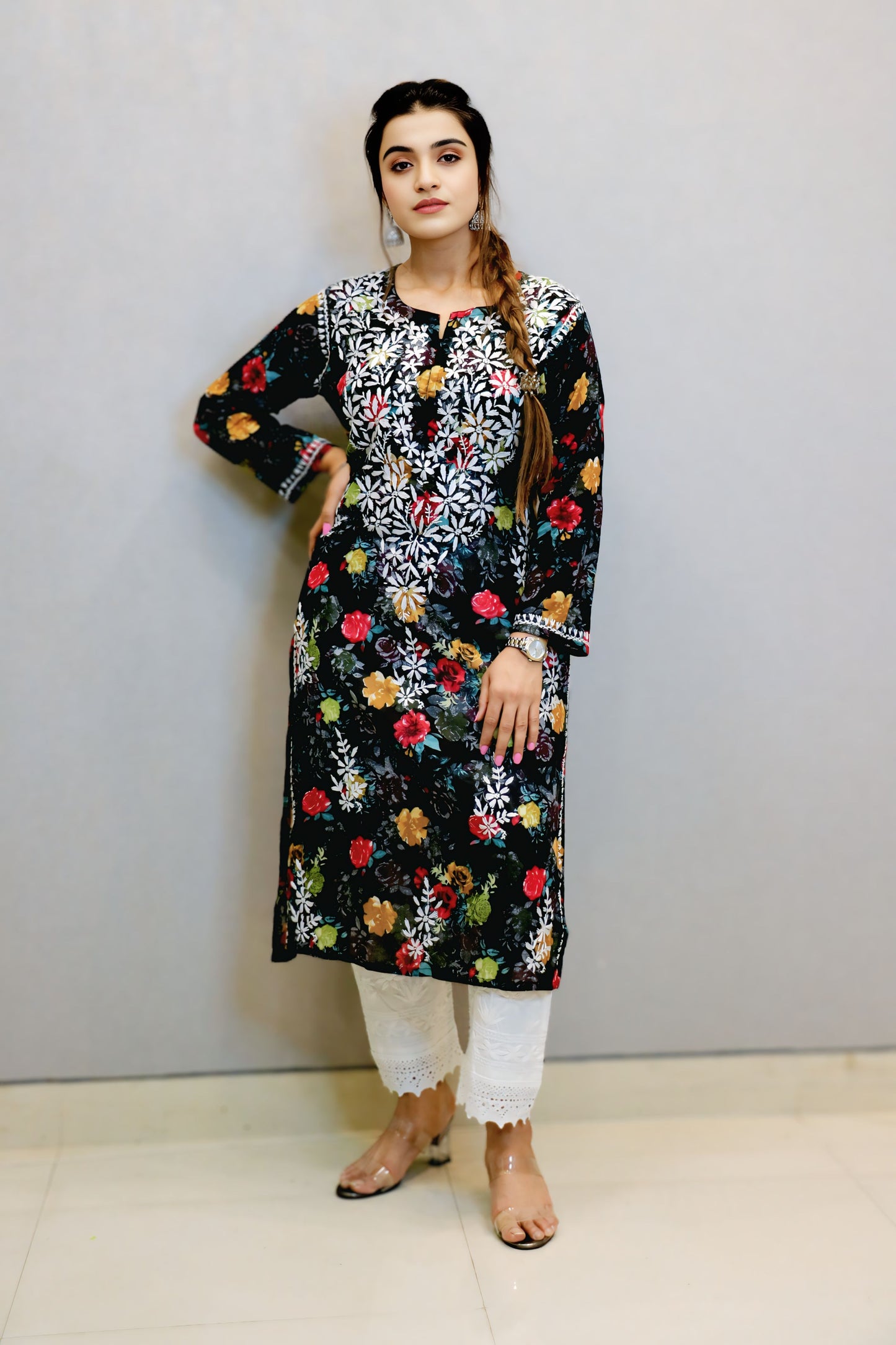 Black Printed Chikankari Kurti