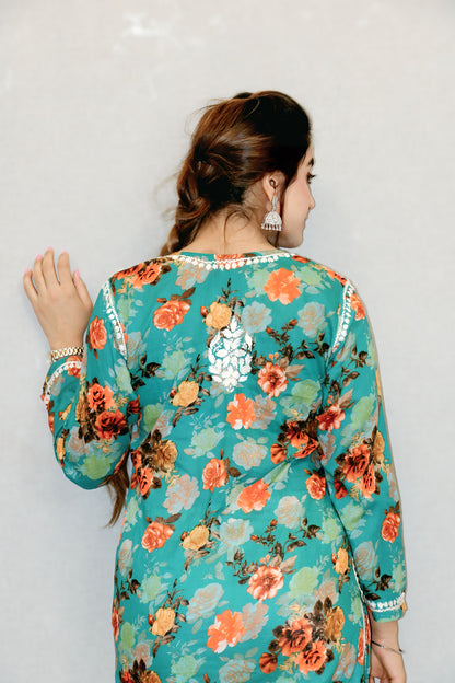 Green Printed Chikankari Kurti