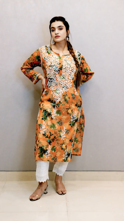 Mustard Printed Chikankari Kurti