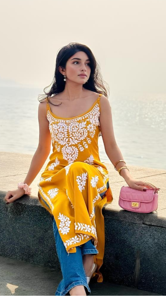 Yellow Strappy Chikankari Kurti