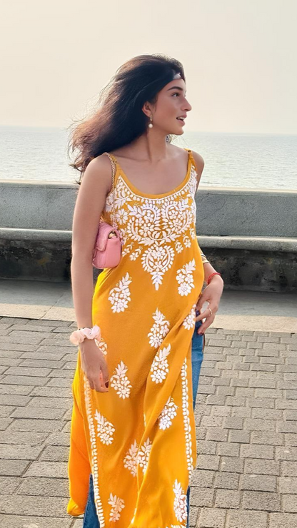 Yellow Strappy Chikankari Kurti