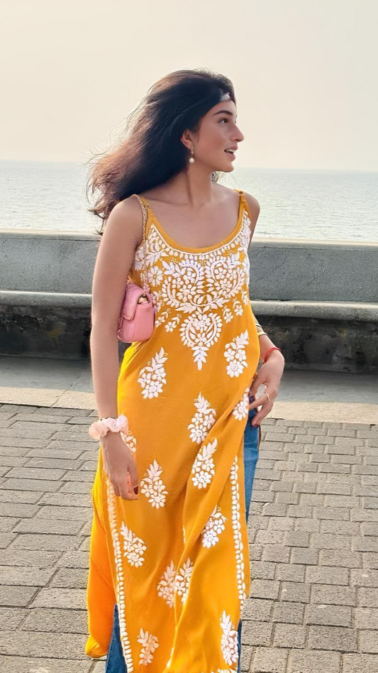 Yellow Strappy Chikankari Kurti