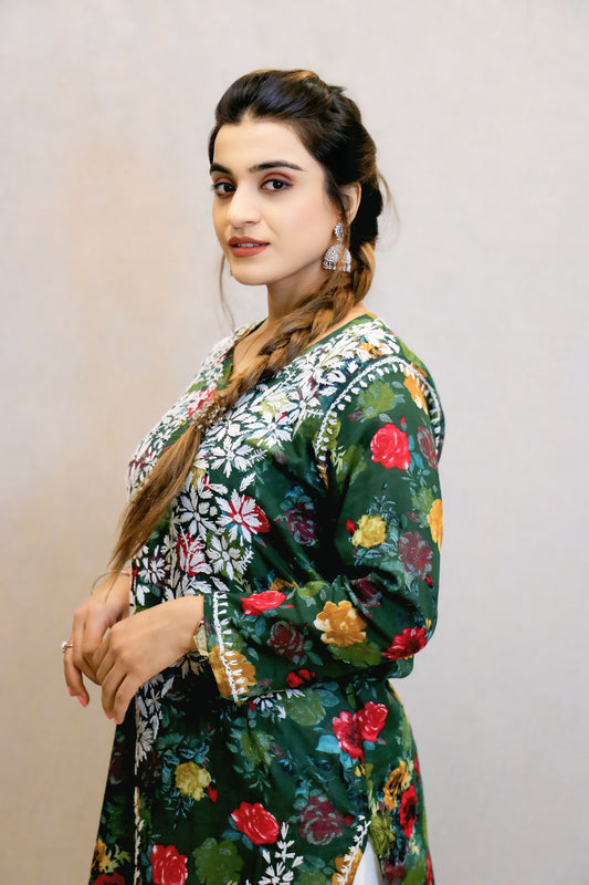 Dark Green Printed Chikankari Kurti