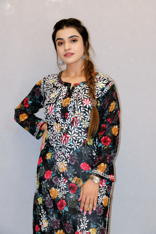 Black Printed Chikankari Kurti